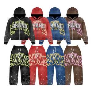 OEM Custom Acid Washed Sweat Suits 100% Cotton <b>Oversized</b> Screen Print Tracksuit Men <b>Sweatpants</b> and Hoodie Set - Product Image 1