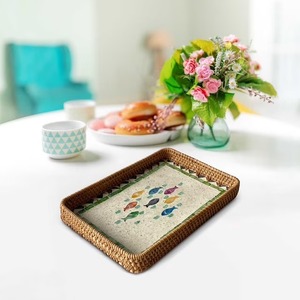 Ensemble de plateaux en rotin faits à la main avec incrustation de nacre naturelle – Plateau de service de luxe pour la maison et les cadeaux festifs - Product Image 5