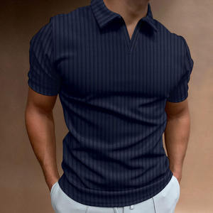 Polo à manches courtes rayé pour homme, coupe ajustée, col en V, tricoté, style décontracté, gris - Product Image 2