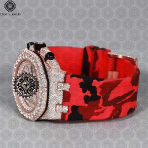 Reloj de Lujo Unisex Charm_Jewells, Oro Rosa con Incrustaciones de Diamantes, Correa de Cuero Roja, Cuarzo Analógico, Cronógrafo, Caja Irregular de 42 mm - Product Image 3