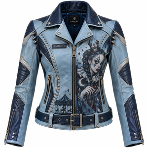 Custom Made Leather Jacket Blue <b>Belted</b> Women Spiked Graphic Print Metal <b>Studded</b> Motorcycle Biker Outerwear OEM ODM Wholesale - Product Image 1