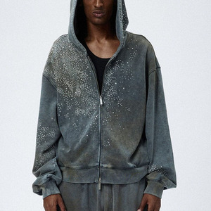 Sweat à capuche zippé pour homme, style streetwear premium, avec strass, délavé à l'acide, effet usé, haute qualité, effet soleil éclairé, coupe oversize - Product Image 2