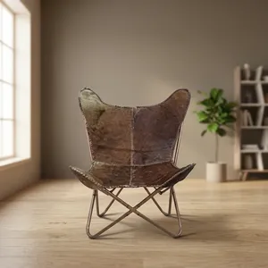 Genuine Leather Butterfly <b>Chair</b> Metal Legs Midcentury Modern Leisure <b>Chair</b> Living Room Furniture - Product Image 2