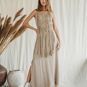 Vestido Maxi Bohemio Beige para Mujer, Vestido de Verano para Festival, Vestido Largo de Algodón Crudo con Flecos y Macramé Estilo Western - Product Image 4