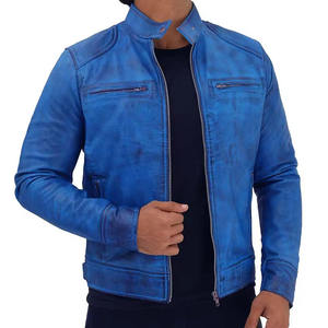 Custom Men Vintage Blue Distressed Genuine Leather Jacket Slim Fit Biker Motorcycle Racer <b>Coat</b> <b>Stand</b> Collar Fashion Outerwear - Product Image 2