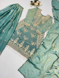 TENNECY New Designer Silk Party Wear <b>Top</b>-Plazzo and Dupatta with Heavy Embroidery Beads Work Reversible Wrinkle-Free - Product Image 5