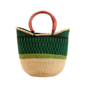 Bolso de Playa de Verano Popular y Elegante, Geométrico, Verde y Negro, Tejido en Seagrass, con Asa Envuelta en Cuero, Diseño de Cola de Golondrina - Product Image 1