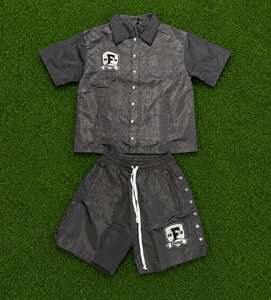 Fashion Men Two Piece Nylon Shorts Set Custom Logo Button <b>Down</b> Shirt and Beach Shorts Streetwear Outfit Trendy Summer Co Ord Set - Product Image 3