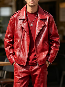 <b>Men</b> <b>s</b> Red PU Leather <b>Jacket</b> Crocodile Embossed Moto <b>Biker</b> Style Zipper Closure Turn-down Collar Regular Fit Autumn Wear - Product Image 6