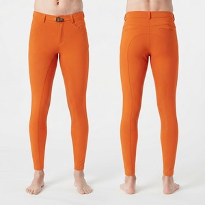 ODM Men Equestrian Breeches High Waisted Full Length Knitted Fabric <b>Red</b> Leggings with <b>Belt</b> and Button Fly Custom Logo - Product Image 2