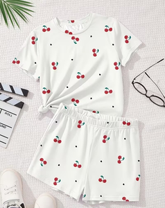 Girls 2-Piece <b>Cherry</b> Print Set Short Sleeve <b>Top</b> With Shorts Summer Outfit Cute Style - Product Image 6