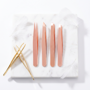 Pinzas para Cejas Forgieline Rose Gold, Puntas Inclinadas y Planas, Aplicador de Pestañas, Logotipo Personalizado, Juego de 4 Piezas, Acero Inoxidable - Product Image 6