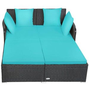 Lettino da Esterno in Rattan Turchese con Cuscini Imbottiti Impermeabili, Sedia da Spiaggia in Rattan PE e Teak per Uso a Bordo Piscina - Product Image 2