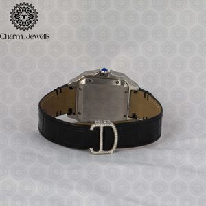 Montre carrée de luxe pour femme Charm_Jewells en acier inoxydable, mouvement à quartz analogique, verre saphir, lunette sertie de diamants, bracelet en cuir - Product Image 2