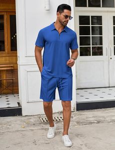 Ensemble polo et short pour homme, imprimé floral bleu, respirant, en molleton 220g, tricoté 100% polyester, vêtements décontractés d'été, col polo - Product Image 2