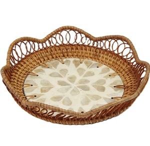 Bandeja de Ratán Festoneada Tejida a Mano, Bandeja Decorativa de Mimbre con Bordes Ondulados, Organizador Redondo Natural para Mesa de Centro - Product Image 4