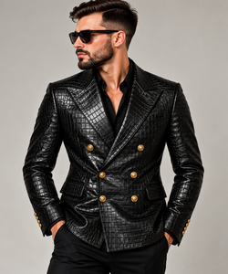 <b>Men's</b> Designer Black Croc Pattern <b>Leather</b> <b>Blazer</b> Double Breasted Gold Button Closure Peak Lapel Luxury Formal <b>Blazer</b> - Product Image 4