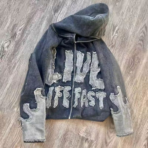 Sweat à capuche court pour hommes avec fermeture éclair graphique personnalisé vintage broderie patchwork poids lourd avec appliques lavées à l'acide 80% - Product Image 6