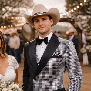 Costume de smoking croisé noir et blanc à motif pied-de-poule pour homme – Blazer de créateur pour mariage, marié ou bal de promo avec nœud papillon - Product Image 1