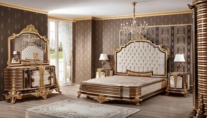 Luxury Baroque Solid Teak Wood Bedroom Set Gold Carved King Bed Mirrored Wardrobe 2 Nightstands <b>Dressing</b> Table Furniture - Product Image 6