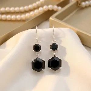 Elegant 925 Silver <b>Black</b> Onyx Hexagonal Drop <b>Earrings</b> Double Stone Geometric <b>Dangle</b> Jewelry for Women Gift - Product Image 1