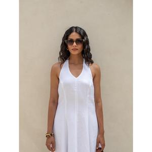 Women Solid White Cotton Linen Maxi Dress Halter Neck <b>Tie</b> <b>Back</b> Sleeveless Elegant Long Dress - Product Image 1