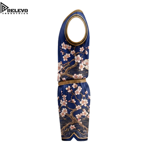 Conjunto de Camiseta y Pantalones Cortos de Baloncesto con Estampado de Flores de Cerezo y Olas, Personalizado OEM, Uniforme Deportivo Sublimado en Azul y Dorado - Product Image 3