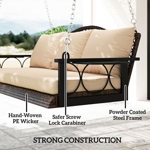 Dondolo a 3 posti in vimini per patio e giardino, con portabicchieri, cuscini e catene - Marrone - Product Image 5