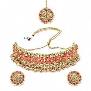 Ensemble de bijoux Kundan plaqué or pour femmes, collier et boucles d'oreilles avec cristaux rouges et perles, bijoux ethniques de mariage en alliage, tendance. - Product Image 1