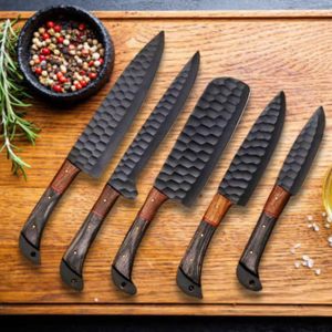 Ensemble de couteaux de cuisine BK Industries en acier Damas, 5 pièces, avec manches en bois, design ambidextre, lames droites et affûtées - Product Image 1