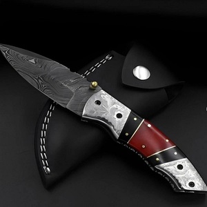 Cuchillo Plegable de Acero de Damasco Hecho a Mano, Cuchillo de Bolsillo para Camping, Caza y Uso General, Punta Recta, Grado Industrial - Product Image 1