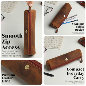WRIZA Handcrafted Genuine Leather Solid <b>Medium</b> Vintage Brown Zipper Pen Pencil <b>Case</b> Daily Use Stationery Organizer for Office - Product Image 3
