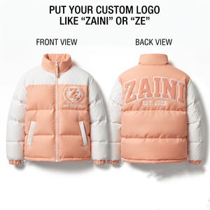 เสื้อแจ็คเก็ตพัฟเฟอร์มีฮู้ดสำหรับผู้ชาย ZAINI รุ่นพรีเมียม น้ำหนัก 500 กรัม ผลิตจากโพลีเอสเตอร์ สีขาวพีช แต่งสีแบบบล็อก  บุผ้านวมกันลมและกันน้ำ - Product Image 1