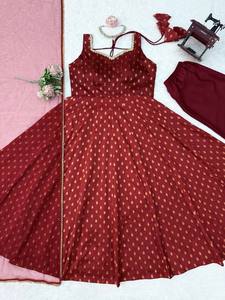 Designer Maroon Banarasi Anarkali <b>Suit</b> with Net Dupatta Luxury Festive Ethnic Gown Set <b>for</b> <b>Women</b> <b>Wedding</b> Party Wear - Product Image 6