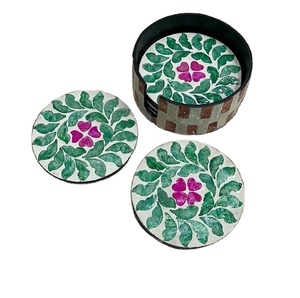 Custom Mosaic Color Shell Insulated Tea Cup Coaster <b>Round</b> Bone Inlay Coaster with Holder <b>Mats</b> Pads Beautiful Drink <b>Table</b> Pattern - Product Image 1