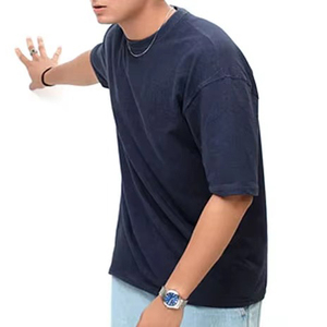 T-shirt décontracté pour homme, bleu uni, col rond, manches courtes, coupe classique, 100% coton jersey tricoté - Product Image 3
