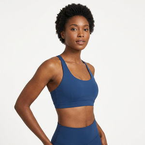 Sujetador deportivo de yoga con tirantes para mujer, soporte medio, transpirable, de elastano y poliéster, azul liso - Product Image 6