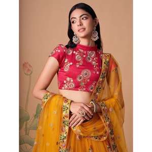 Impresionante trabajo de espejo amarillo Lehenga Choli Net Recepción Wear Vestido de red decorativo - Product Image 5