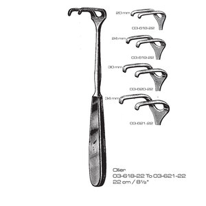 Écarteur chirurgical orthopédique Ollier 22 cm, manuel, en acier inoxydable, instrument de classe I, tailles 20mm 24mm 30mm 34mm, usage hospitalier, CE - Product Image 1