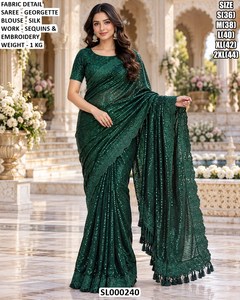 Sari de Georgette color granate con blusa de seda, bordado con lentejuelas, sari tradicional para boda para mujer - Product Image 5