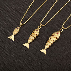 QIKU kalung liontin bentuk ikan, berlapis emas dengan tatahan mata kristal rantai Tautan tembaga lucu untuk hadiah perjalanan pesta - Product Image 2