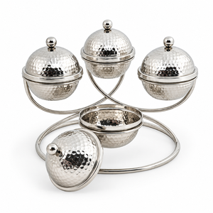 Élégant ensemble de service pour fruits secs en argent avec 4 bols en acier martelé à couvercle et support métallique pour dattes, bonbons, collations – Vaisselle de table - Product Image 1