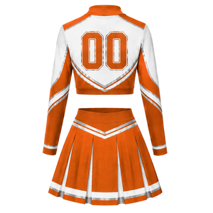 Ensemble uniforme de cheerleading sublimé orange et blanc à manches longues avec jupe plissée pour l'entraînement et la performance des équipes sportives - Product Image 3