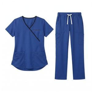 Ensemble de blouses médicales pour femmes Hawk Eye, col en V, bleu, polyester, uniformes d'hôpital avec poches et pantalon à cordon de serrage - Product Image 1