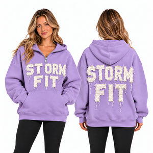 <b>Women</b> Light <b>Beige</b> Half Zip <b>Hoodie</b> Storm Fit Letter Applique Drop Shoulder Kangaroo Pocket Casual Fleece Streetwear Windproof - Product Image 2