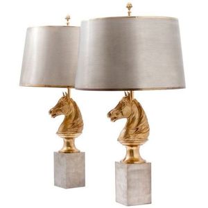 Lampe de table moderne de luxe en forme de tête de cheval dorée, abat-jour en tissu gris, art déco animalier, lampe de chevet, décoration de salon, éclairage d'intérieur - Product Image 1