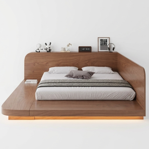 Cama de Plataforma de Madera de Teca Estilo Japandi de Lujo con Banco Lateral Integrado - Product Image 1