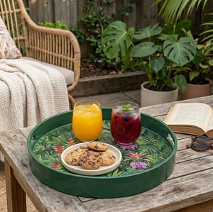 Plateau de service rond en laque verte avec motif floral tropical et poignées pour la décoration de la maison - Product Image 3