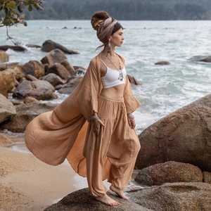 Women's <b>Sequin</b> Embroidered Viscose/Cotton Kimono Robe with Deep V Neck High Cut Bottom Bandeau Bra Ruffles Eco-Friendly Fabric - Product Image 2