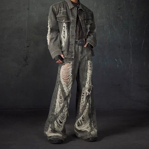 Pantalones anchos de mezclilla lavada para hombre, de cintura alta, rasgados, estilo punk, de algodón tejido, informales, holgados, para otoño - Product Image 4